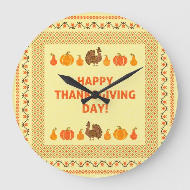 Grande Horloge Ronde Thanksgiving : retro brodée carte design. (Recto)