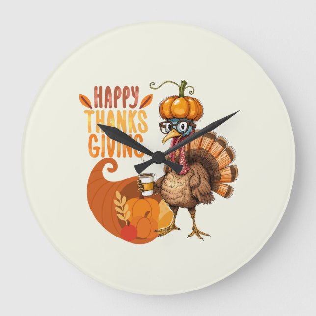 Grande Horloge Ronde Thanksgiving Turquie avec Casquette Citrouille (Recto)
