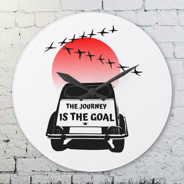 Grande Horloge Ronde The journey is the goal sunset - oldtimer 2CV (2CV Clock in White with a Red Sunset and Birds Illustration)