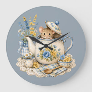 Grande Horloge Ronde Théière Fantaisiste Maison de Souris Cottagecore F