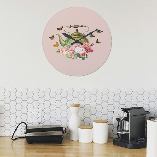 Grande Horloge Ronde Théière Fleurs Roses et Papillons Cuisine (Teapot Party Pink Floral & Butterflies Kitchen Large Clock)