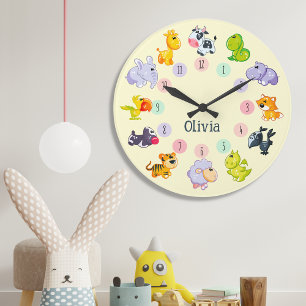 Grande Horloge Ronde Thème animal mignon, Nom personnalisé, Personnalis