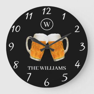Grande Horloge Ronde Thème Beer Cheer Personnalisé Nom de famille Initi