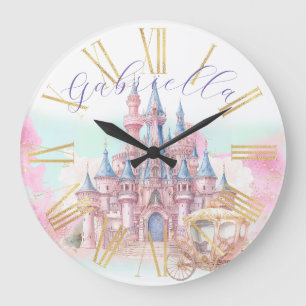 Grande Horloge Ronde Thème de conte de fée à l'aquarelle Château & Carr