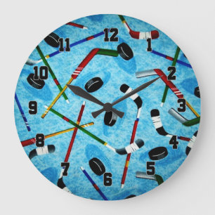 Grande Horloge Ronde Thème de hockey sur glace bleu