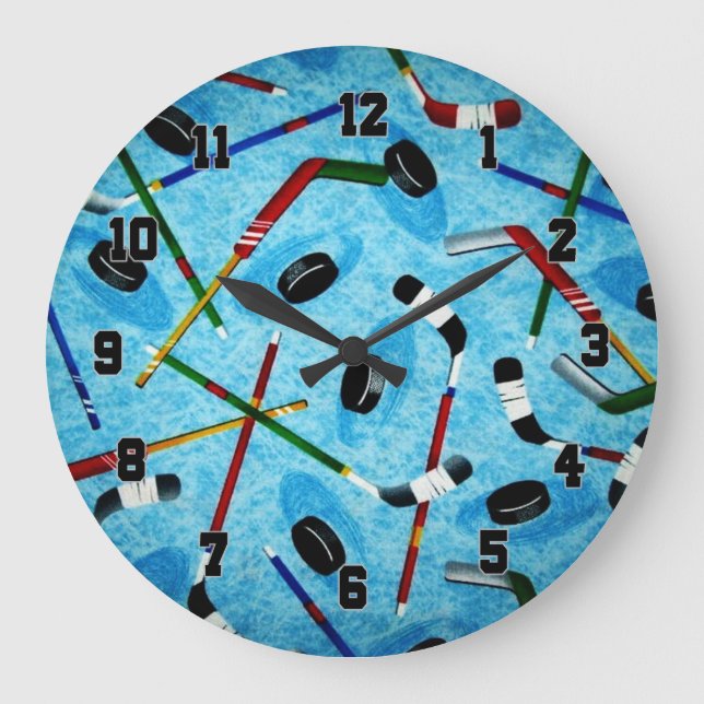 Grande Horloge Ronde Thème de hockey sur glace bleu (Recto)