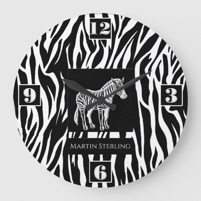 Grande Horloge Ronde Thème de la jungle rayé noir et blanc zèbre (Recto)