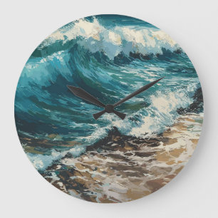 Grande Horloge Ronde Thème des vagues de plage et de la peinture sur sa