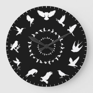 Grande Horloge Ronde Thèmes de silhouettes blanches d'oiseaux sauvages