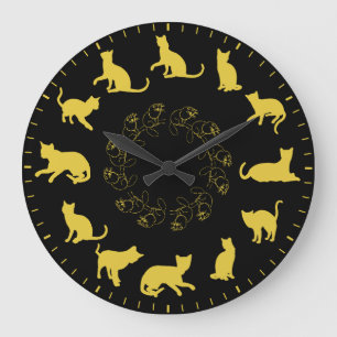 Grande Horloge Ronde Thèmes de silhouettes de chat doré mignons uniques