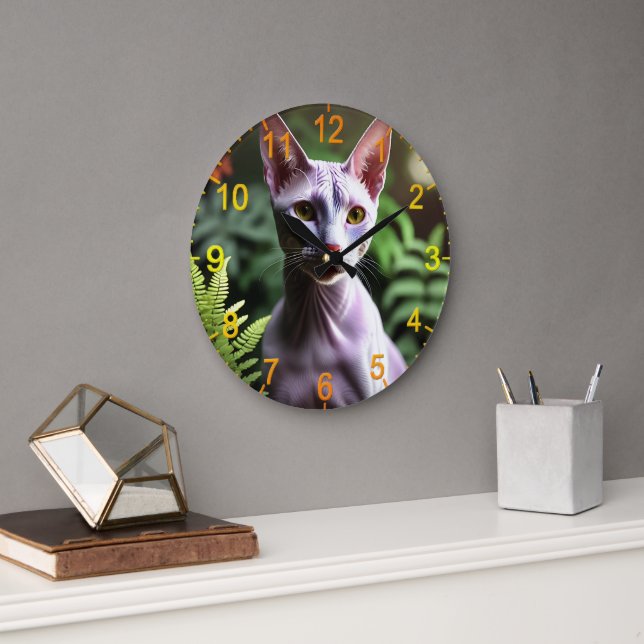 Grande Horloge Ronde "Thon le chat sans cheveux : élégant et soyeux" (Bureau)