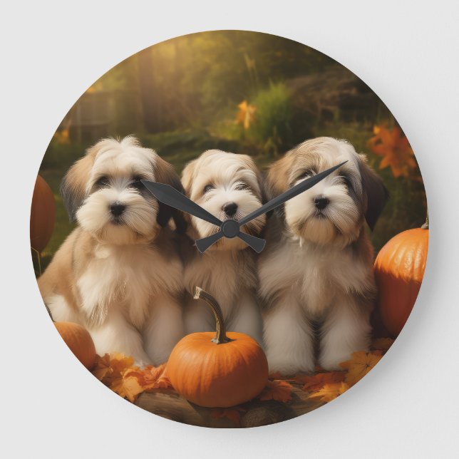 Grande Horloge Ronde Tibétain Terrier Chiot Automne Citrouille délice (Recto)