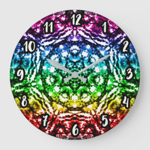 Grande Horloge Ronde Tie-Dye Mandala Étoile Arc-en-Ciel