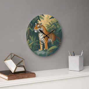 Grande Horloge Ronde Tigre majestueux dans la Jungle Elégant Art de la