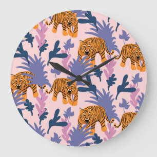 Grande Horloge Ronde Tigres tropicaux Jungle Motif Vintage