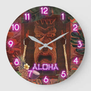 Grande Horloge Ronde Tiki Aloha Vintage Violet Lumineux Hawaïen Tropica