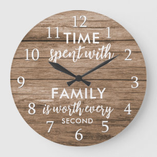 Grande Horloge Ronde Time With Family Citation Typographie Bois rustiqu