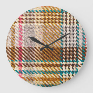 Grande Horloge Ronde Tissu à damiers Brown, laine écossaise.