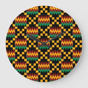 Grande Horloge Ronde Tissu Kente noir, vert, rouge et jaune