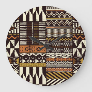 Grande Horloge Ronde tissu tribal africain, vintage abstrait.