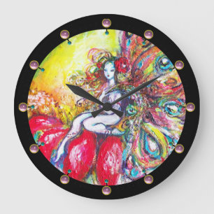 Grande Horloge Ronde TITANIE ASSIS SUR UN Imaginaire À FLEURS ROUGES