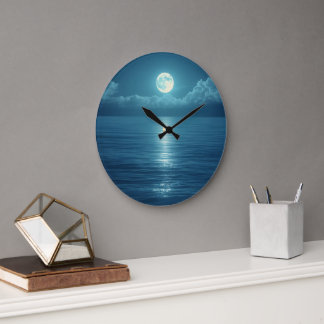 Grande Horloge Ronde Toile d'art océanique éclairée par la lune | Plein