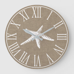 Grande Horloge Ronde Toile de jute élégante côtière de Faux et étoiles