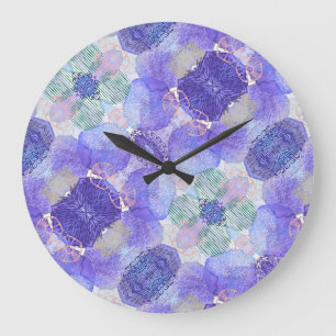 Grande Horloge Ronde Tons de lavande et de fleurs Abstraites vertes