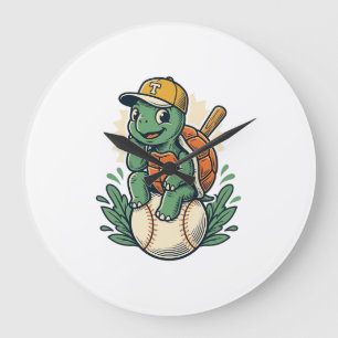 Grande Horloge Ronde Tortue de baseball Gravure vintage Graphisme_1