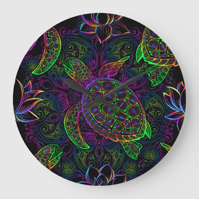 Grande Horloge Ronde Tortue de mer Boho : Motif psychédélique mandala (Recto)