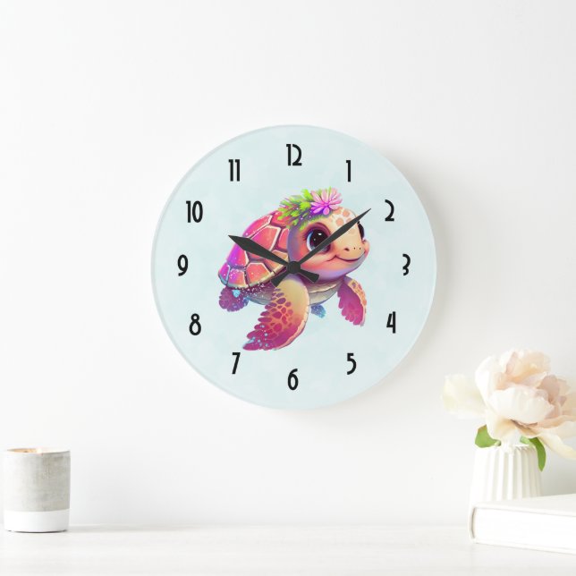 Grande Horloge Ronde Tortue de mer rose Whimsical & mignon (Maison)