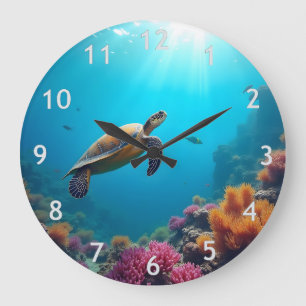 Grande Horloge Ronde Tortue de mer sur la barrière de corail