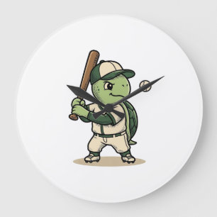 Grande Horloge Ronde Tortue Mignonne Batteur de Baseball Art Vectoriel