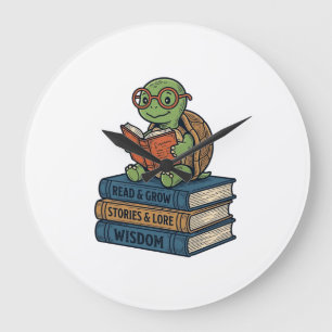 Grande Horloge Ronde Tortue mignonne lisant sur des livres Vintage Vect