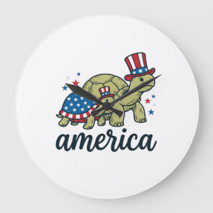 Grande Horloge Ronde Tortue Patriotique Amérique Gravure Vintage Design