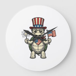 Grande Horloge Ronde Tortue Patriotique Gravure Vintage Graphique pour