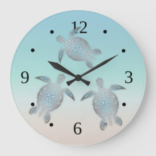 Grande Horloge Ronde Tortues Argent Turquoise Maritime Moderne
