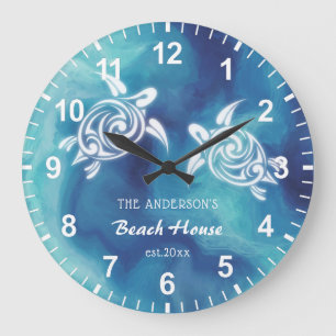 Grande Horloge Ronde Tortues blanches Eau bleue de l'océan Aquarelle Te
