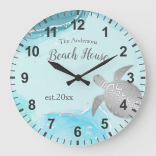 Grande Horloge Ronde Tortues d'argent Turquoise Encre Nom de famille Cô