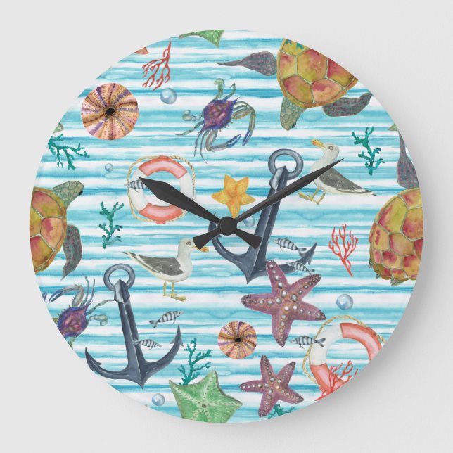 Grande Horloge Ronde Tortues nautiques Seagul Starfish Motif (Recto)
