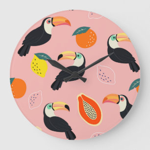 Grande Horloge Ronde Toucan aux fruits tropicaux Abstraits