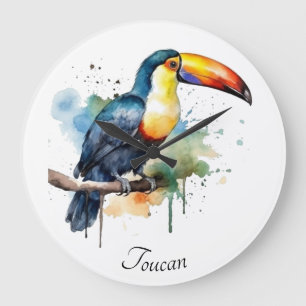 Grande Horloge Ronde Toucan sur branche Art à l'aquarelle, personnalisa