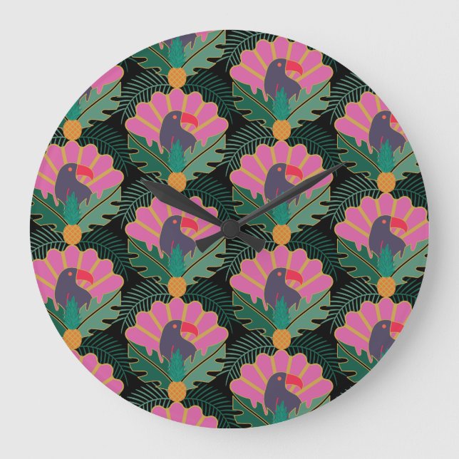 Grande Horloge Ronde Toucans & ananas Tropical Art Déco (Recto)