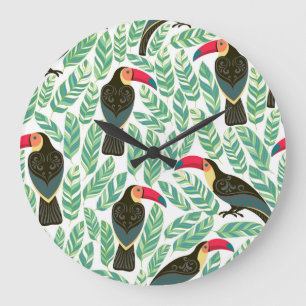 Grande Horloge Ronde Toucans, feuilles tropicaux, motif décoratif.