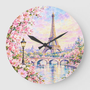 Grande Horloge Ronde Tour Eiffel aquarelle florale rose Paris Watercolo