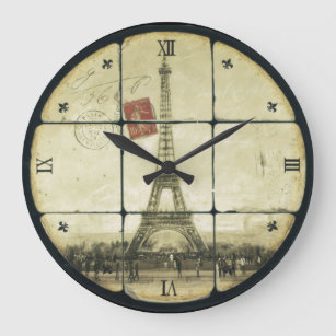 Grande Horloge Ronde Tour Eiffel vintage Rétro Fleur De Lis Design