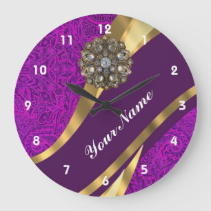 Grande Horloge Ronde Tourbillon d'or damassé fleuri violet