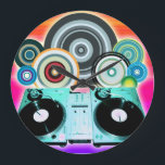 Grande Horloge Ronde Tourne-disque DJ avec Vinyl - Pop Art<br><div class="desc">Tourne-disque DJ avec disques vinyle disques de jockey disque avec cercles colorés et boules pop art.</div>