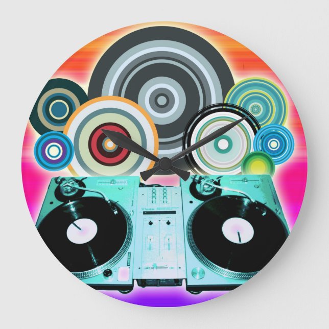 Grande Horloge Ronde Tourne-disque DJ avec Vinyl - Pop Art (Recto)