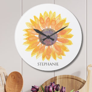 Grande Horloge Ronde Tournesol aquarelle personnalisé